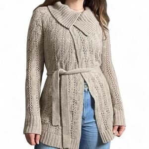 The Limited Wool Silk Blend Open Front Cardigan Sz S Belted Cable Knit